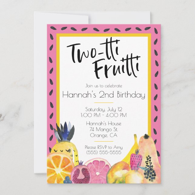 Two-tti Fruitti Tropical fruit themed 2nd Birthday Invitation (Front)