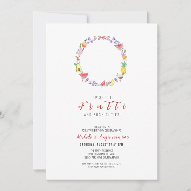 Two-tti Fruitti Twin Birthday, Summer 2nd Birthday Invitation (Front)