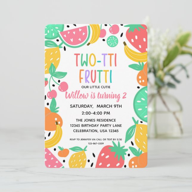 Two-tti Fruity Girls 2nd Birthday  Invitation (Standing Front)