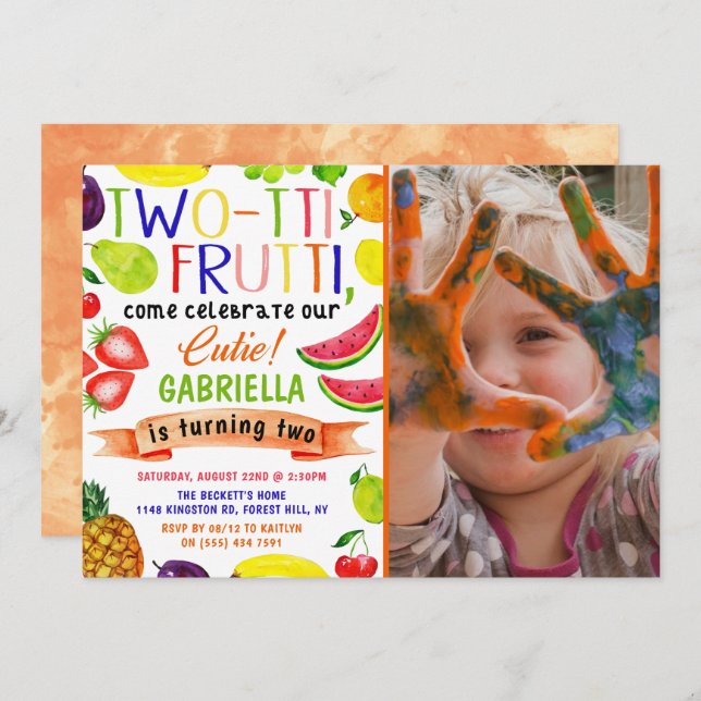 Two-tti Frutti 2nd Birthday Photo Invitations (Front/Back)