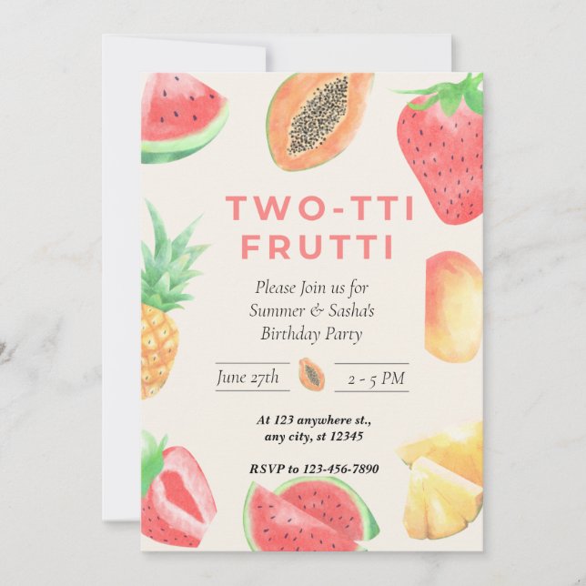 Two-TTI Frutti” 2nd Birthday Twin Invitation  (Front)