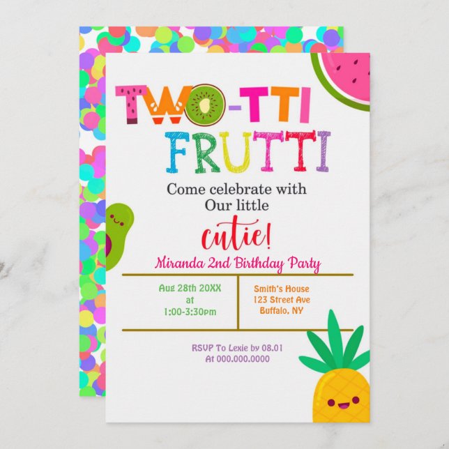 Two-tti Frutti  2nd Girl Birthday Party Invites (Front/Back)