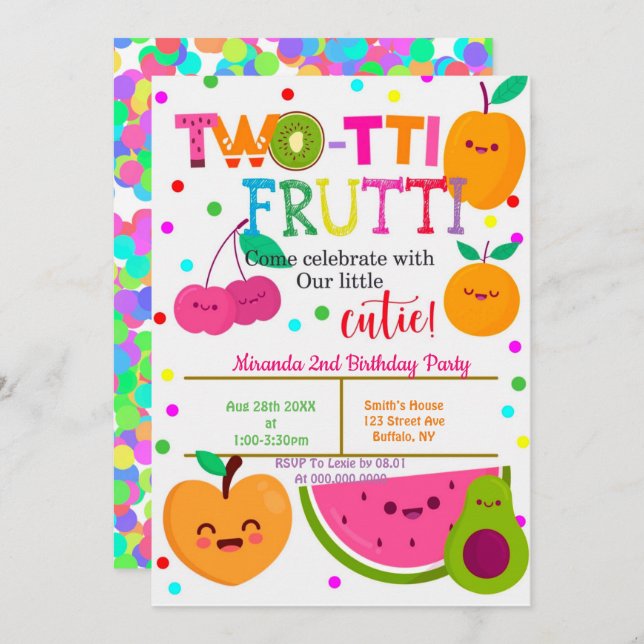 Two-tti Frutti  2nd Girl Birthday Party Invites (Front/Back)