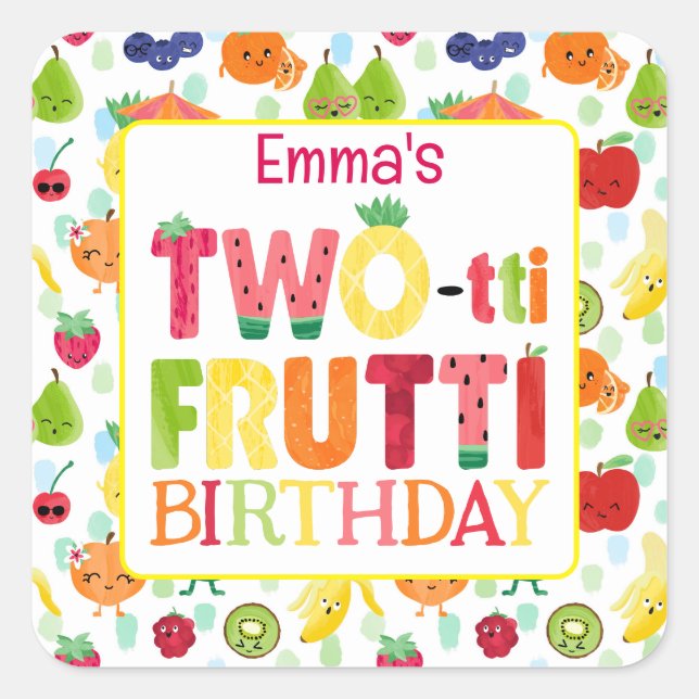 Two-tti Frutti Cutie Fruit 2nd Birthday Party Square Sticker (Front)