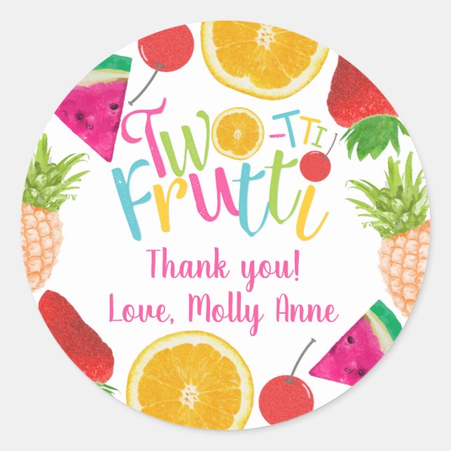 TWO-tti Frutti Girl's 2nd Birthday Thank You Classic Round Sticker (Front)