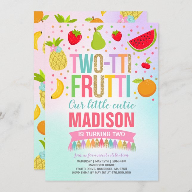 Two-tti Frutti Party Invitation 2nd Birthday Party (Front/Back)
