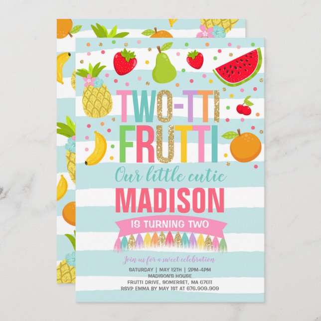 Two-tti Frutti Party Invitation 2nd Birthday Party (Front/Back)