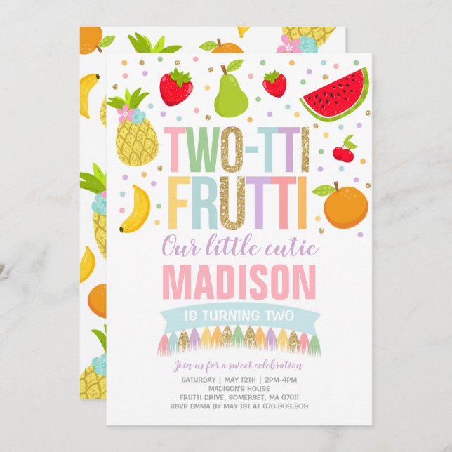 Two-tti Frutti Party Invitation 2nd Birthday Party (Front/Back)