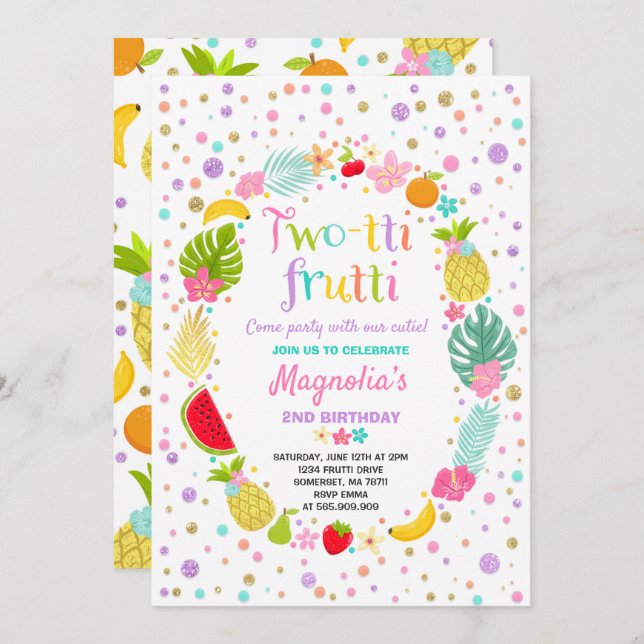 Two-tti Frutti Party Invitation 2nd Birthday Party (Front/Back)