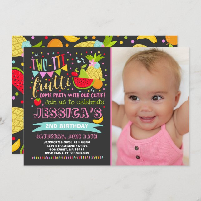 Two-tti Frutti Party Invitation 2nd Birthday Party (Front/Back)