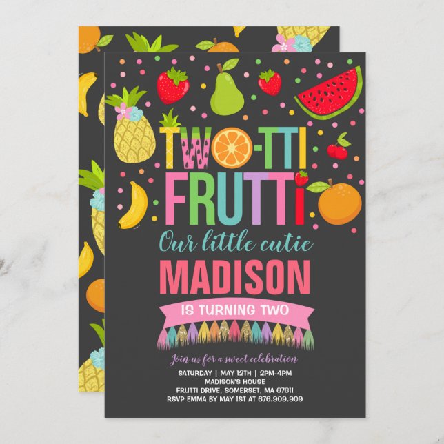 Two-tti Frutti Party Invitation 2nd Birthday Party (Front/Back)