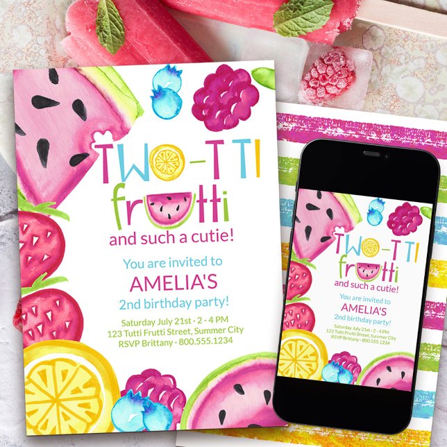 TWO-tti Frutti Such a Cutie Summer Fruit Birthday Invitation (Two-tti frutti such a cutie 2nd birthday invitation)