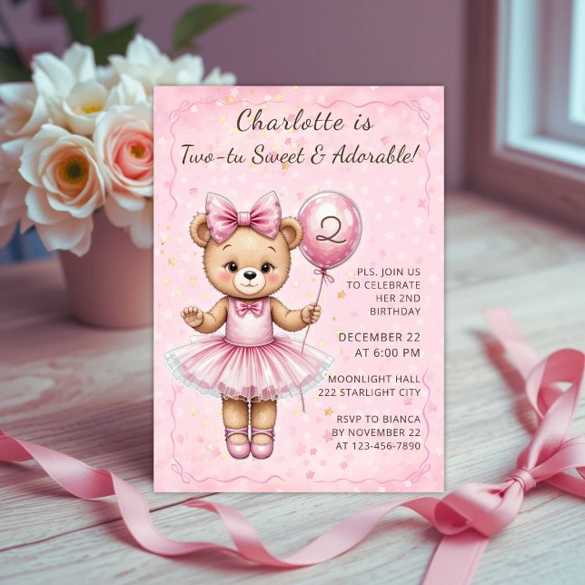Two-Tu Sweet Coquette Ballerina Bear Birthday Invitation (Creator Uploaded)