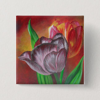 Two Tulips Against Red Background 15 Cm Square Badge