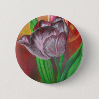 Two Tulips Against Red Background 6 Cm Round Badge