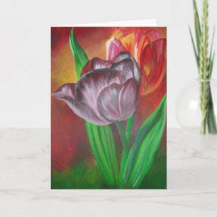 Two Tulips Against Red Background Card