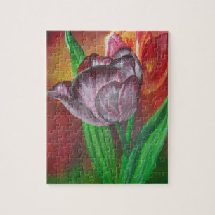 Two Tulips Against Red Background Jigsaw Puzzle