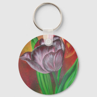 Two Tulips Against Red Background Key Ring