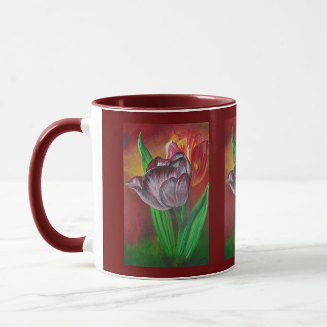 Two Tulips Against Red Background Mug (Left)