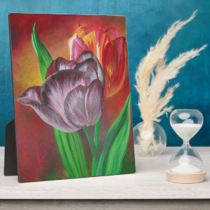 Two Tulips Against Red Background Plaque