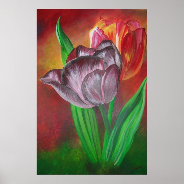 Two Tulips Against Red Background Poster (Front)
