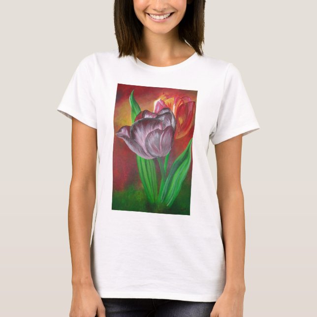 Two Tulips Against Red Background T-Shirt (Front)