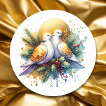 Two Turtle Doves | 12 Days of Christmas Classic Round Sticker<br><div class="desc">Pretty watercolor illustration of two turtle doves which is part of the 12 days of Christmas. Pretty gold accents.</div>