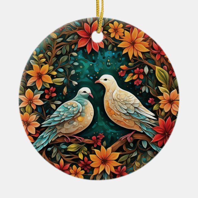Two Turtle Doves Ceramic Tree Decoration (Front)