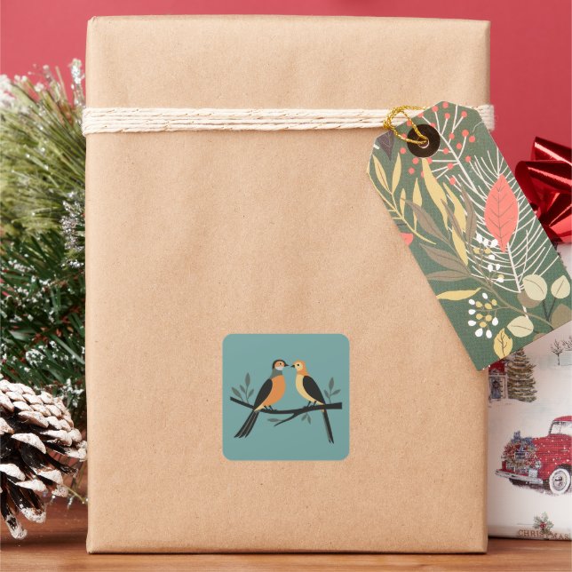 Two Turtle Doves Cut-Out Stencil Retro Style 4 Square Sticker (Holiday)