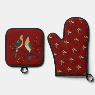 Two Turtle Doves Cut-Out Stencil Retro Style 7 Oven Mitt & Pot Holder Set