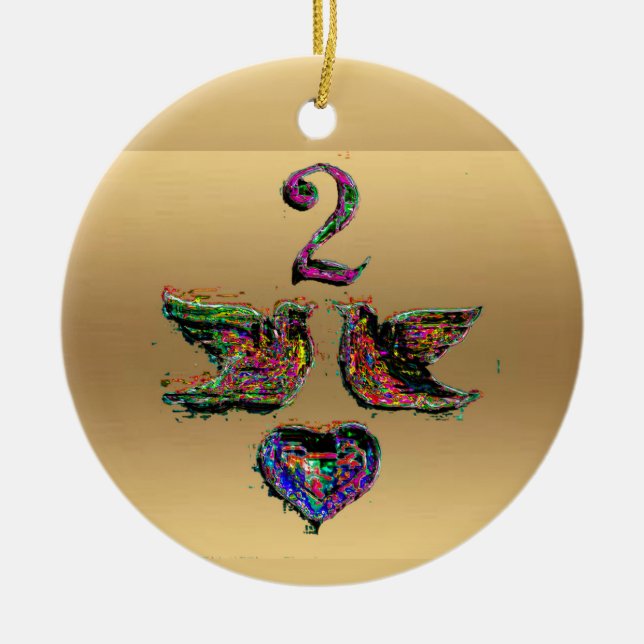 Two turtle doves gold christmas decoration (Front)