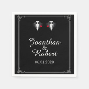 Two Tuxedos with Red Rose Gay Wedding Napkin