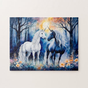 Two Unicorns Standing Together Under Starry Sky Jigsaw Puzzle