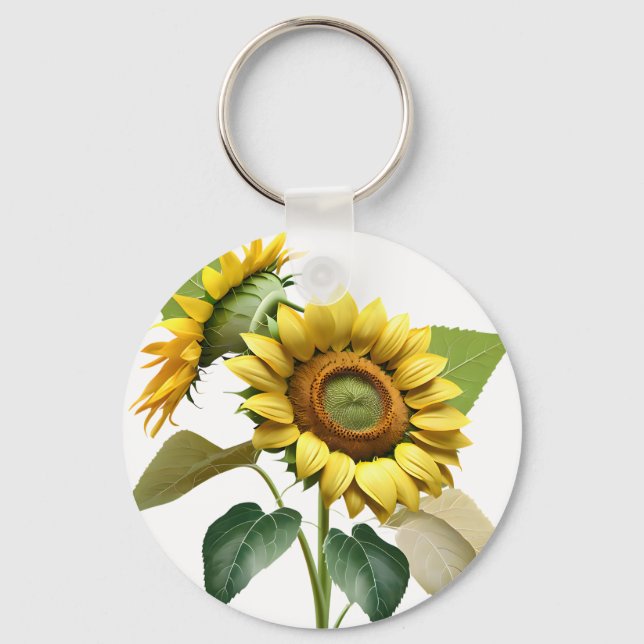 Two Vibrant Sunflowers with Lush Green Leaves Key Ring (Front)