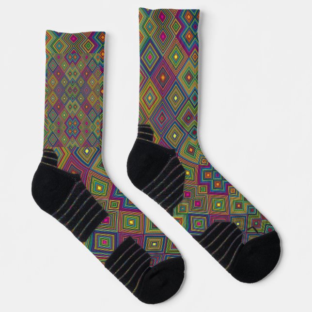 Two views of colorful socks featuring a geometric  (Right)
