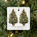 Two Vintage Christmas Tree Gold Merry Christmas Ceramic Ornament<br><div class="desc">Merry Christmas | Add a festive accent to your Christmas tree with this customisable Christmas ornament. It features a watercolor Christmas tree with festive red and gold ornaments. Personalise by adding your own details. This vintage Christmas ornament is perfect as a personalised Christmas gift. Matching items are available.</div>