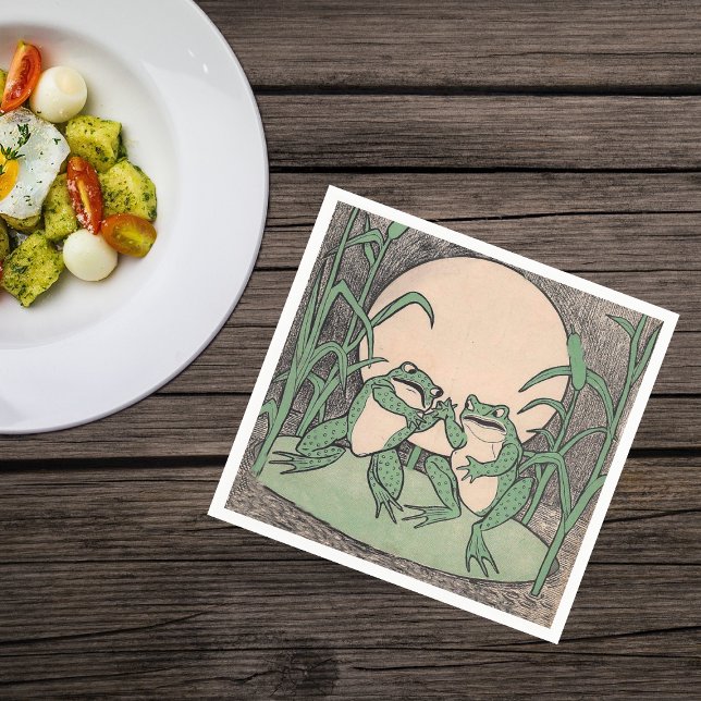 Two Vintage Funny Love Green Frogs Moon Napkin (Two green argueing frogs on lily pad with reed plants full moon on napkins.)