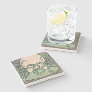 Two Vintage Funny Love Green Frogs Moon Stone Coaster