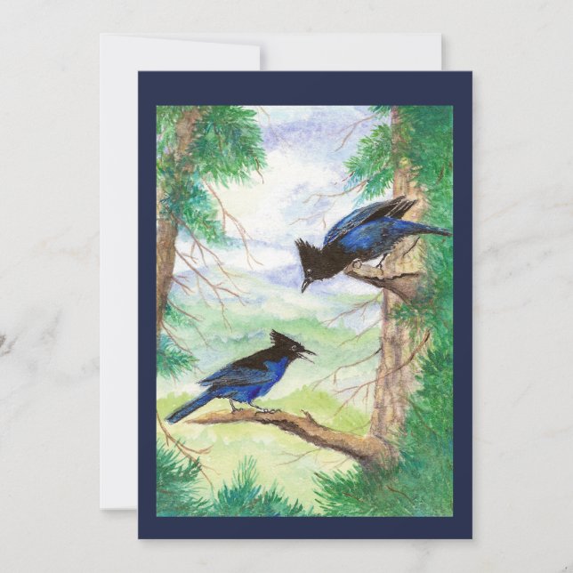 Two Watercolor Stellar Jay Birds Forest Trees  Card (Front)