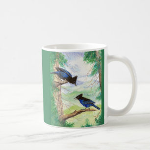 Two Watercolor Stellar Jay Birds Forest Trees Coffee Mug