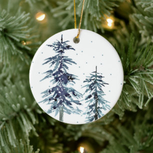 Two Watercolor Winter Pine Trees 2 gift tags Ceramic Tree Decoration