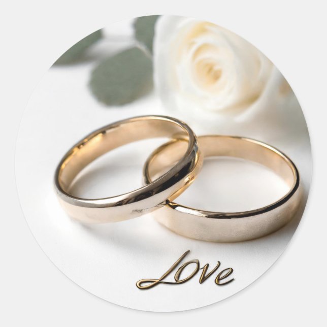 Two wedding rings on satin with love classic round sticker (Front)