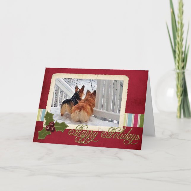 Two Welsh Corgis in the Snow with Holiday Frame Card (Front)
