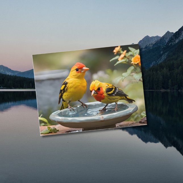 Two Western Tanager birds standing in birdbath Postcard (Creator Uploaded)