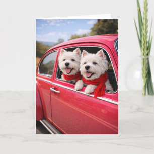 Two Westie Dogs in Red Vintage Car Valentine Card