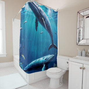 Two whales swimming among tropical fish shower curtain
