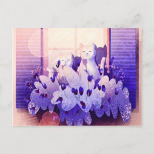 Two white cats sitting at the window at the sunset postcard