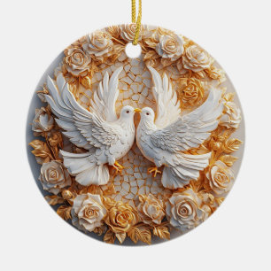 Two White Doves Amidst a Floral Pattern Ceramic Tree Decoration