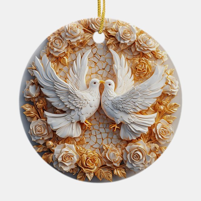 Two White Doves Amidst a Floral Pattern Ceramic Tree Decoration (Front)