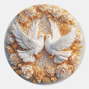 Two White Doves Amidst a Floral Pattern Classic Round Sticker